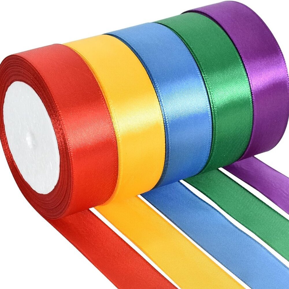 1 Inch x 125 Yards 5 Colors Satin Ribbon Rolls, Mixed Bright Dark Gorgeous Color